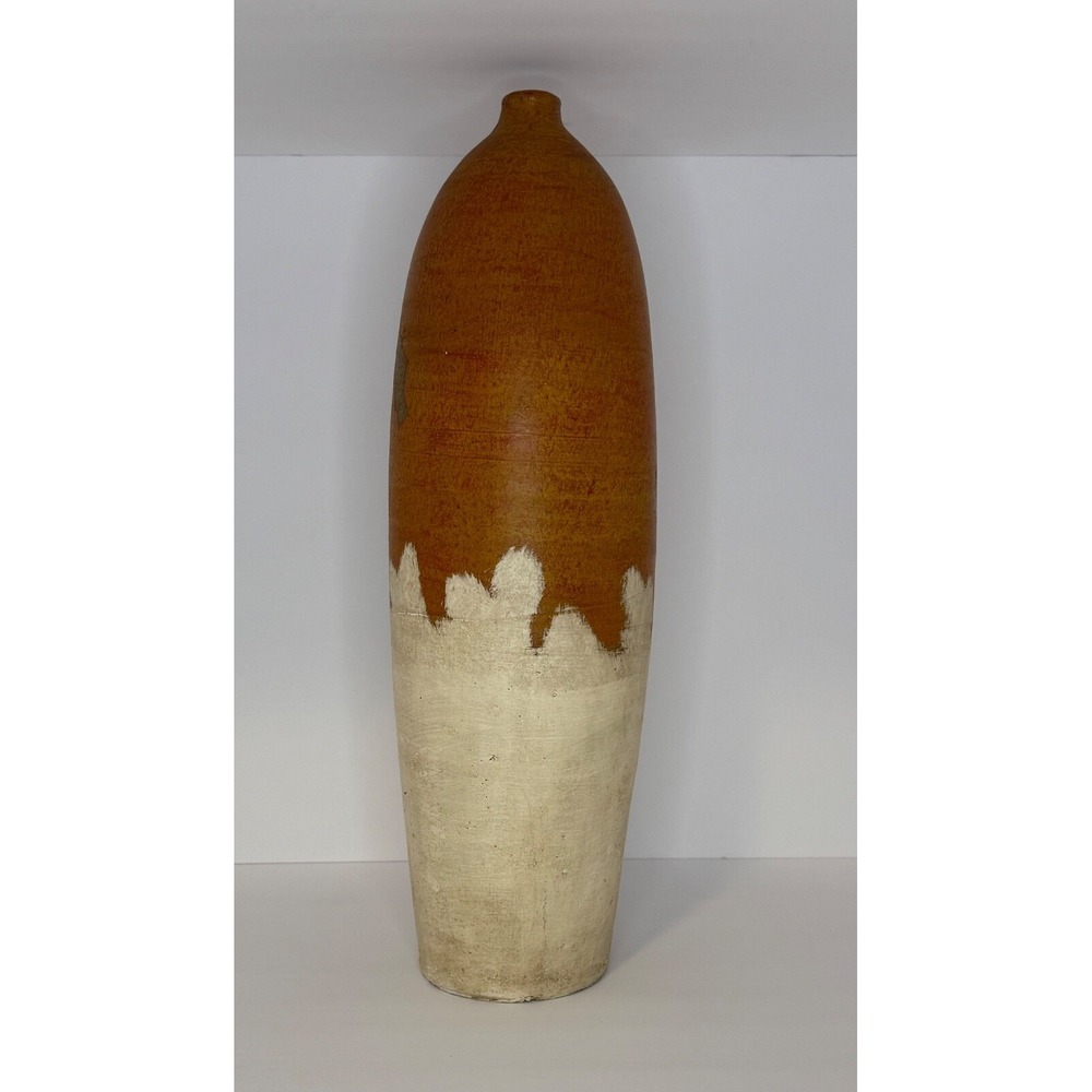 Vintage Mexican Clay Vase – 20" Tall Terracotta & Whitewashed Pottery – Rustic